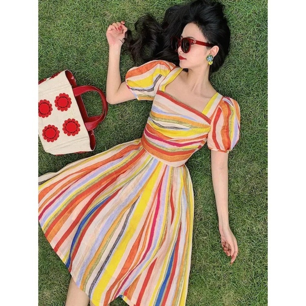 MR WATER Women‎ Fit Flare Short Puff Sleeve Midi Dress Sz XXL Multicolor 4b-7